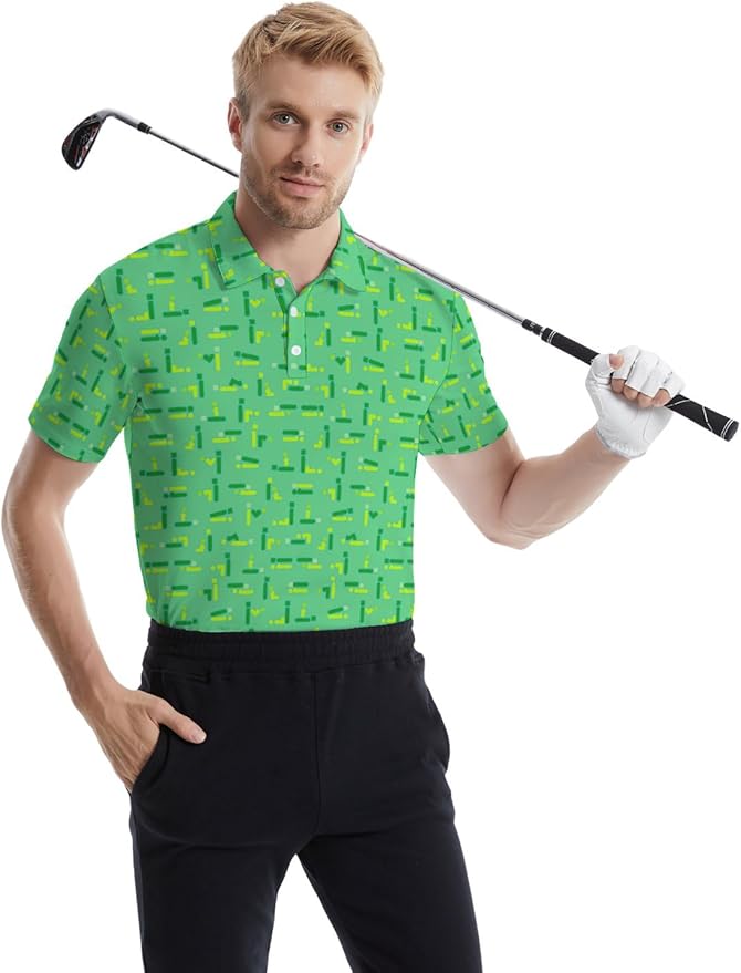 HUURAY Funny Golf Polos for Men Funny Print Short Sleeve Shirts Quick Dry Polo Shirts Hawaiian Shirt Performance Golf Outfits