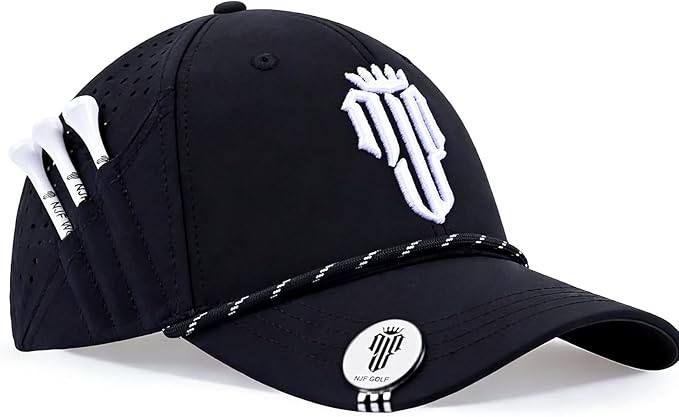 NJF Golf Hat Men - Breathable Mens Golf Hats, Adjustable Rope Hook and Loop Style Cap, Convenient Cap with Tee Holder