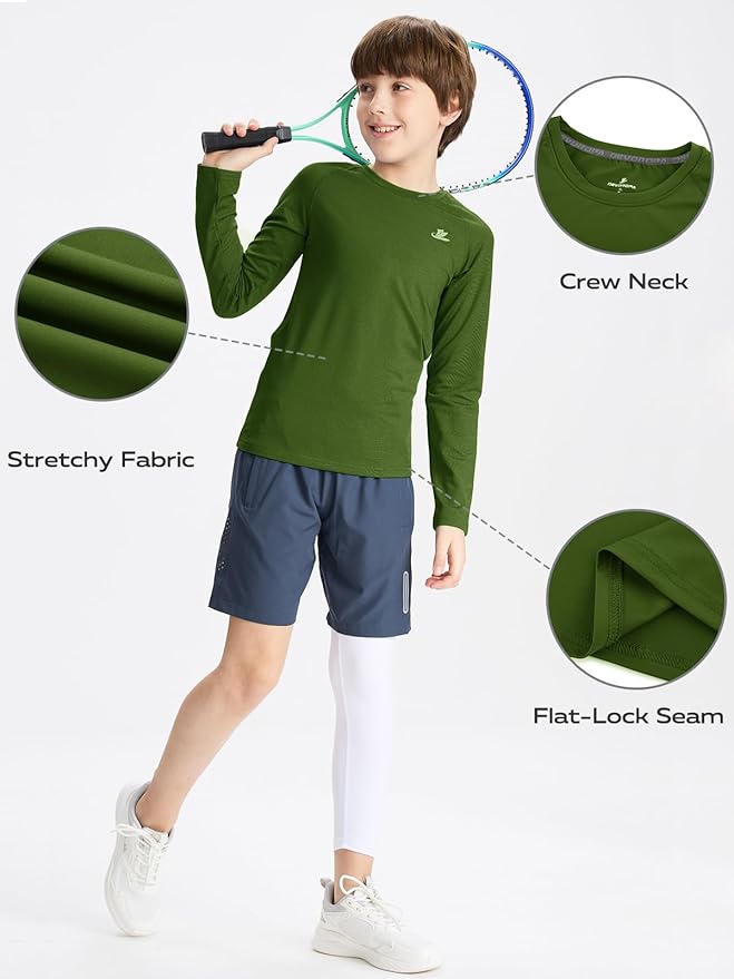 DEVOROPA Youth Boys Compression Shirt Long/Short Sleeve Football Baseball Undershirt Quick Dry Kids Sports Baselayer Crewneck
