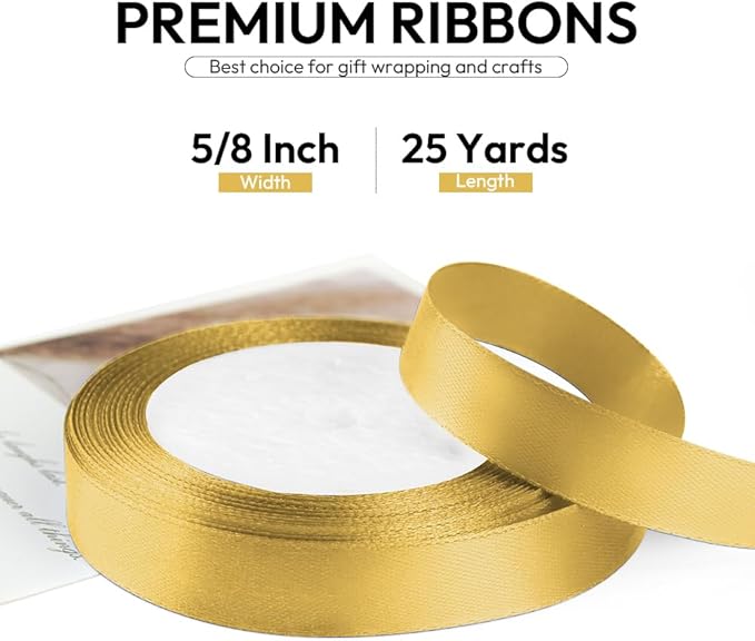 5/8 Inch 25 Yards Satin Ribbon Gold, Solid Color Fabric Ribbon - Image 2