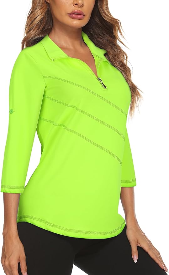 Koscacy Women's 3/4 Roll Sleeve Golf Tennis Polo Shirts UPF50+ Half Zip Dry Fit Workout Tops Athletic Shirt