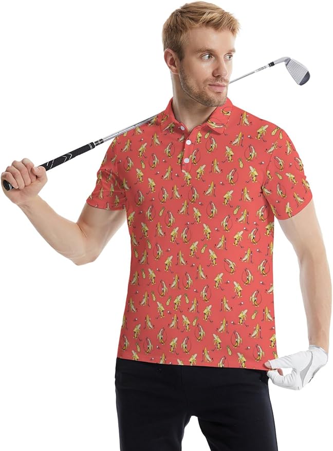 HUURAY Funny Golf Polos for Men Funny Print Short Sleeve Shirts Quick Dry Polo Shirts Hawaiian Shirt Performance Golf Outfits