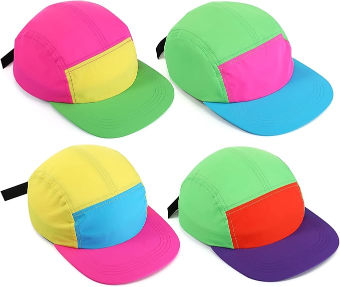Cindeer 4 Pcs 80s Neon Hat Bulk Retro Cap Nylon Baseball Adjustable Cap for Women Men 80s 90s Halloween Costumes Accessories