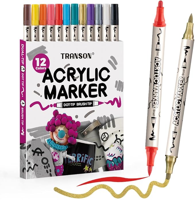 TRANSON 12 Colors Bold and Brush Dual-tip Acrylic Paint Marker Pen Set by Transon
