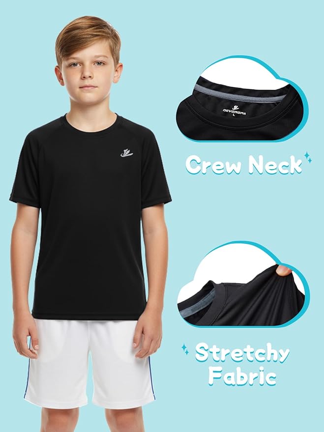 DEVOROPA Youth Boys Compression Shirt Long/Short Sleeve Football Baseball Undershirt Quick Dry Kids Sports Baselayer Crewneck