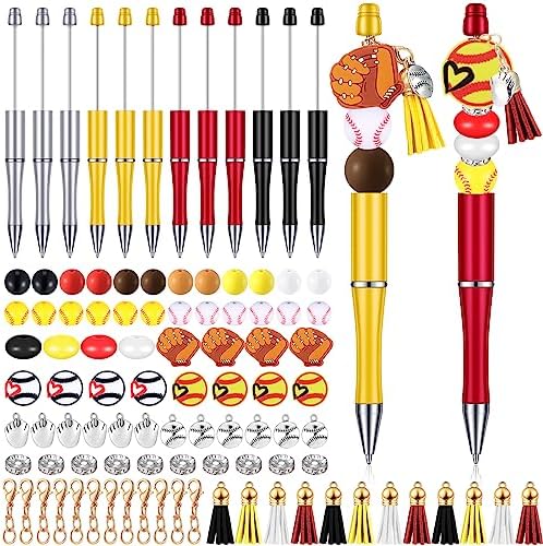 Jutom 12 Pcs Sports Beadable Pens Plastic Baseball Bead Pens Included 50 Pcs Colorful Beads 12 Tassels 12 Pendants Assorted Colors Bead for Gifts School Office DIY Making Kit Supplies