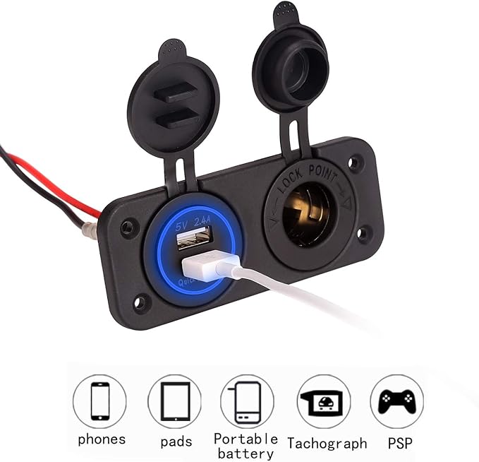 10L0L Golf Cart Cigarette Lighter Outlet & Quick Charge 3.0 DC 12V Input Waterproof USB Charger Power Socket Adapter Dual USB Ports Panel Universal for EZGO Club Car Yamaha Golf Cart Models