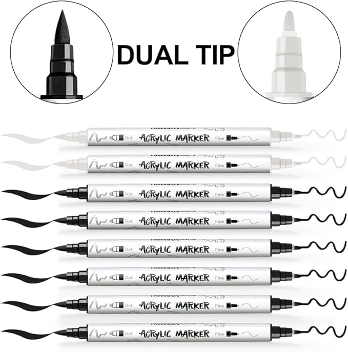 TRANSON 6 Black and 2 White Paint Markers Brush and Fine Dual-tip Acrylic Paint - Image 4