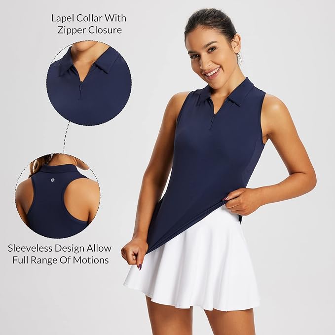BALEAF Women's Golf Shirts Tank Tops Sleeveless Tennis Polo Racerback with Zipper Collar Athletic Tanks Quick Dry