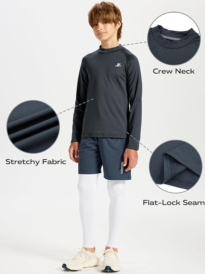 DEVOROPA Youth Boys Compression Thermal Shirt Long Sleeve Kids Fleece Baselayer Soccer Baseball Undershirt Slim/Regular/Husky
