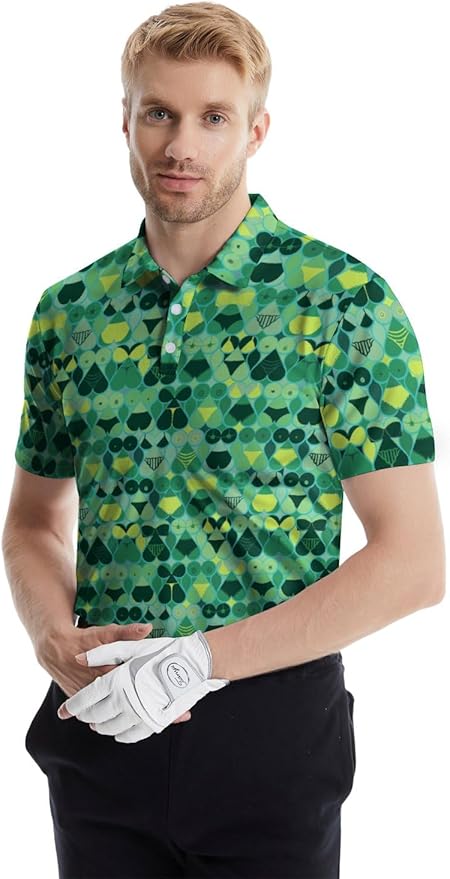 HUURAY Funny Golf Polos for Men Funny Print Short Sleeve Shirts Quick Dry Polo Shirts Hawaiian Shirt Performance Golf Outfits