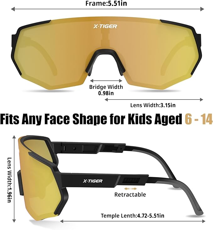 X-TIGER Polarized Youth Baseball Sunglasses UV400 Kids Sunglasses Boys Girls 8-12 Youth for Softball Cycling Sports Glasses