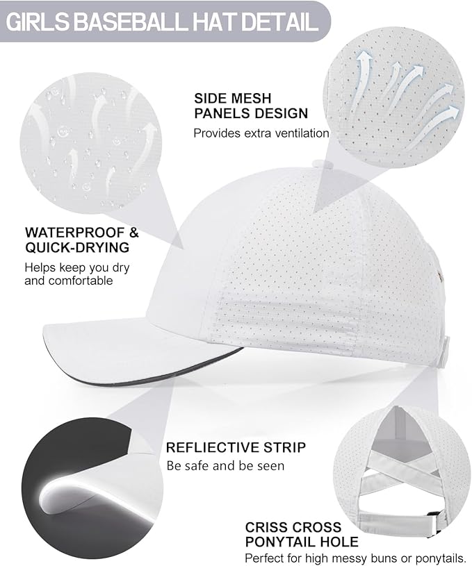Little Girls Reflective Baseball Cap Criss Cross Ponytail Hat Kids Quick Dry Mesh Summer Sports Hat for Toddler Ages 3-8