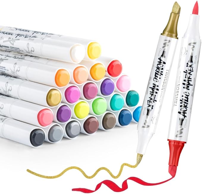 TRANSON 24 Colors Chisel and Brush Dual-tip Acrylic Paint Marker Pen Set by Transon