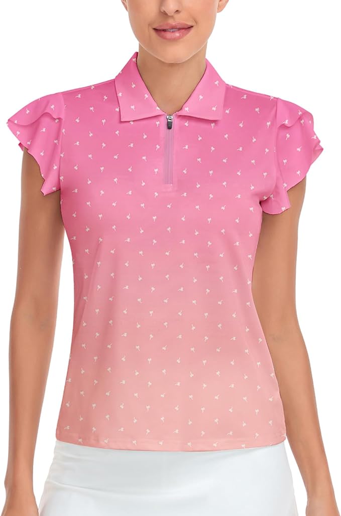 Soneven Womens Petal Sleeve Golf Shirts Moisture Wicking Lady Golf Apparel Print Tennis Sport T Shirt
