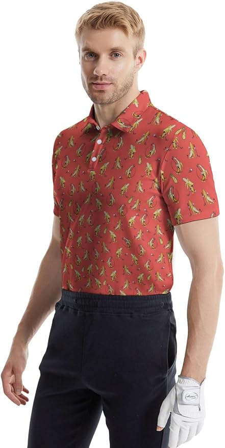 HUURAY Funny Golf Polos for Men Funny Print Short Sleeve Shirts Quick Dry Polo Shirts Hawaiian Shirt Performance Golf Outfits