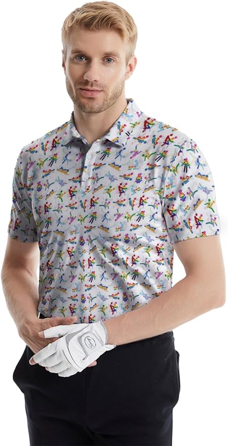 HUURAY Funny Golf Polos for Men Funny Print Short Sleeve Shirts Quick Dry Polo Shirts Hawaiian Shirt Performance Golf Outfits