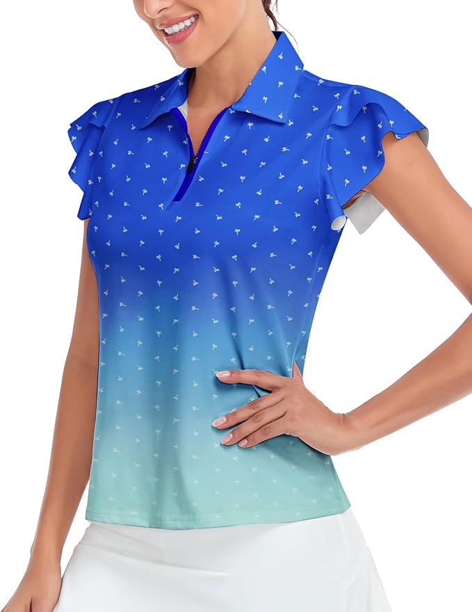 Soneven Womens Petal Sleeve Golf Shirts Moisture Wicking Lady Golf Apparel Print Tennis Sport T Shirt
