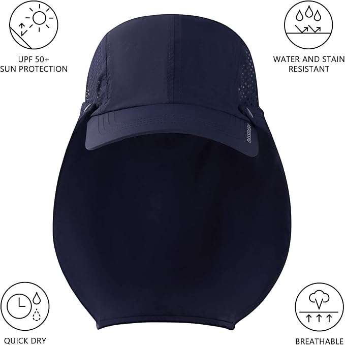 BASSDASH UPF 50+ Foldable Fishing Hat Baseball Cap with Removable Neck Flap Portable for Men Women Golf Hiking