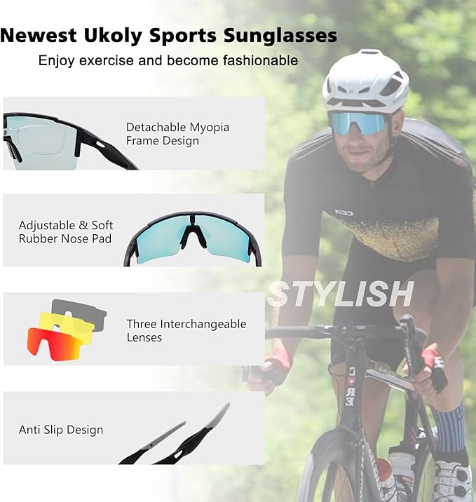 Ukoly Cycling Sunglasses for Men Women with 3 Interchangeable Lenses, Polarized Sports Sunglasses, Baseball Sunglasses