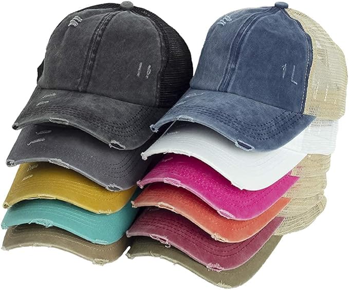 Criss Cross Hat Washed Distressed Baseball Cap Ponytail Hat High Messy Bun Ponycap for Women