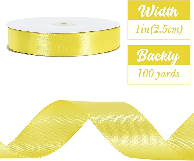 TONIFUL 1 Inch x 100yds Lemon Yellow Satin Ribbon, Thin Solid Color Satin Ribbon - Image 2