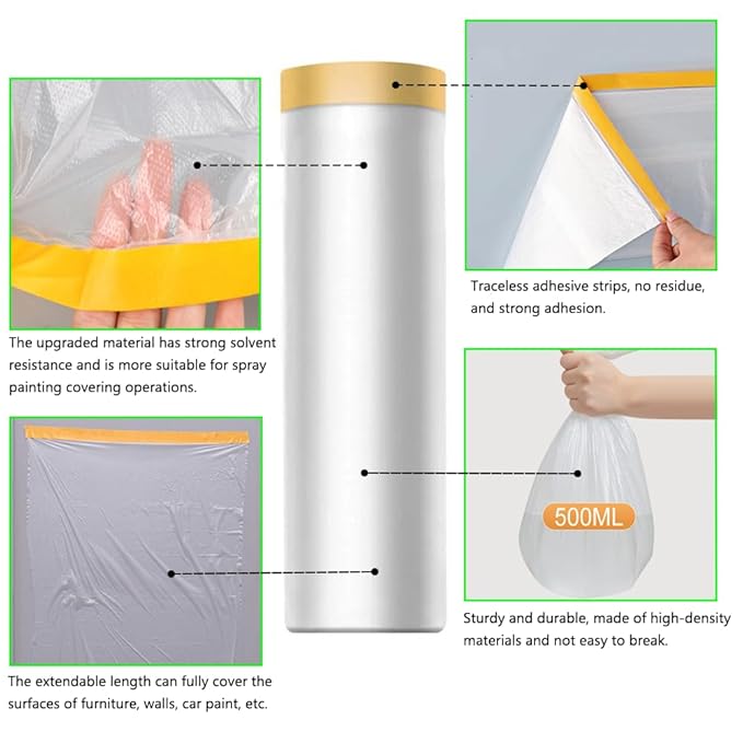 Pre-Taped Masking Film-22inx65ft Tape and Drape Painters Plastic Rolls - Image 3