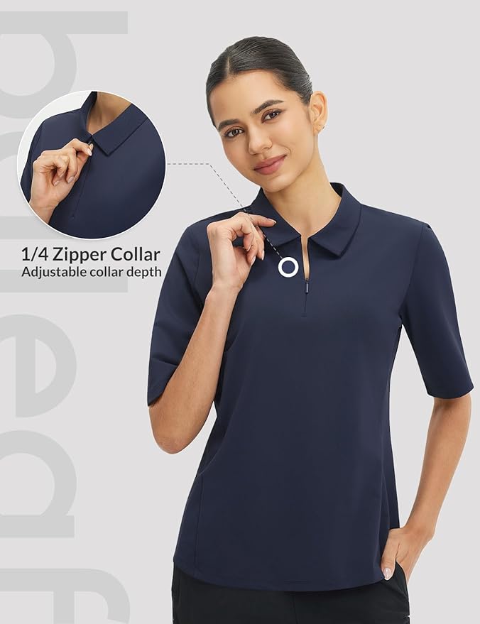 baleaf Women's Golf Shirts Half Sleeve Elbow Length Sleeves Polo Tops Workout Athletic Collared Quarter Zip V Neck UPF