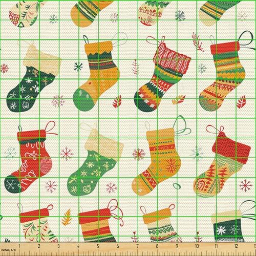 Lunarable Christmas Fabric by The Yard, Whimsical Colorful Xmas Stockings in a Row Falling Leaves Snowflakes, Decorative Fabric for Upholstery and Home Accents, 1 Yard, Cream Green Vermilion