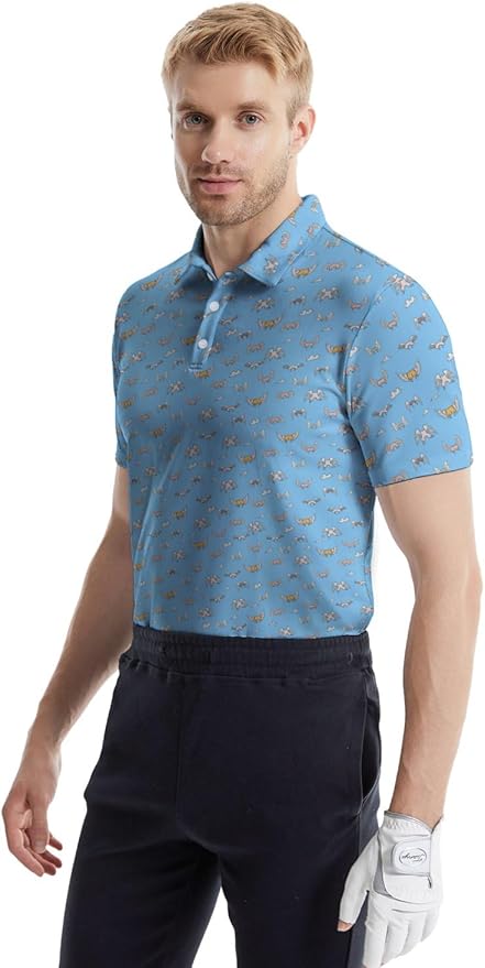 HUURAY Funny Golf Polos for Men Funny Print Short Sleeve Shirts Quick Dry Polo Shirts Hawaiian Shirt Performance Golf Outfits