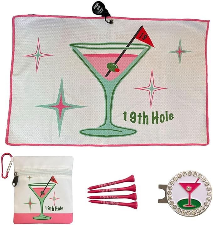 Giggle Golf Martini Par 3 Pack for Women, Microfiber Waffle Weave Golf Towel, Tee Bag with Tees and Bling Ball Marker with Magnetic Hat Clip (19th Hole)
