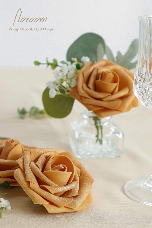 Floroom Artificial Flowers 50pcs Real Looking Gold Foam Fake Roses - Image 4