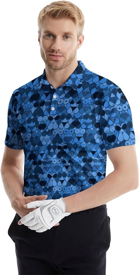 HUURAY Funny Golf Polos for Men Funny Print Short Sleeve Shirts Quick Dry Polo Shirts Hawaiian Shirt Performance Golf Outfits