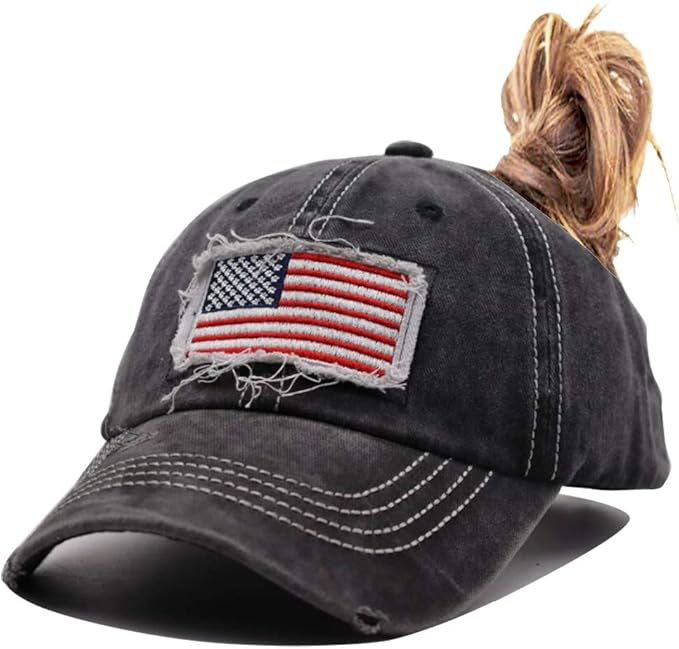 Women American Flag Ponytail Hat, Embroidery Adjustable Washed Distressed Messy Bun Baseball Cap …