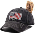 Women American Flag Ponytail Hat, Embroidery Adjustable Washed Distressed Messy Bun Baseball Cap …
