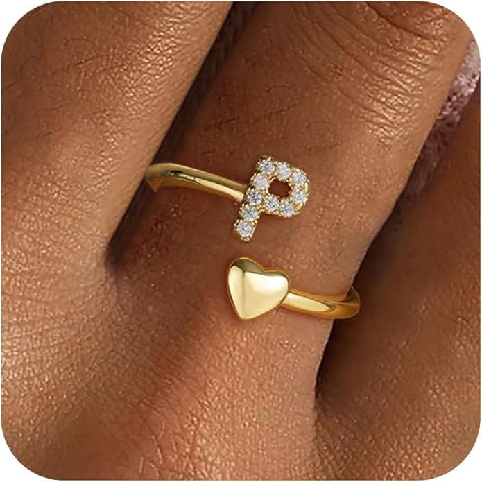 Gold Initial Rings for Women Girls, Dainty 14K Gold Plated Adjustable Initial by FezodoJewelry