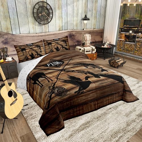 Retro Hunt Fish Bedding Comforters Queen Size,Retro Farm Wooden Board Comforter Set with 2 Pillowcases,Deer Bird Fish Animal Hunting 3pcs Children Adult Duvet Set,Soft