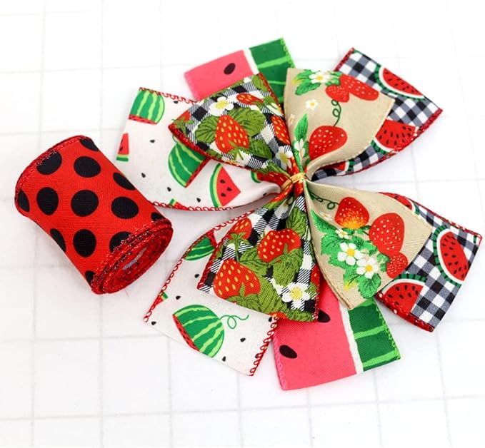 2.5" Watermelon and Strawberry Ribbon, Summer Craft Wire Edged Ribbon, Polka - Image 4