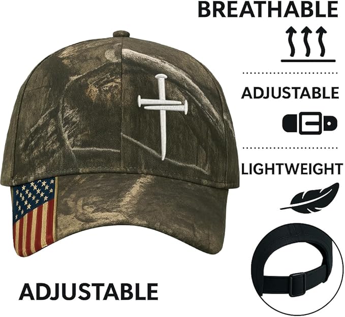 Adjustable Jesus 3 Nail Cross Hat with American Flag
