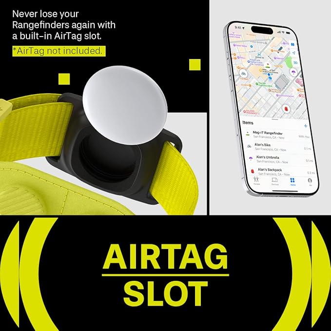 MAG-iT Magnetic Golf Range Finder Strap Designed for AirTag (1st & 2nd Gen) – GPS Tracker Holder Compatible with Find My App – Magnetic Mount for Golf Cart – Neon Yellow