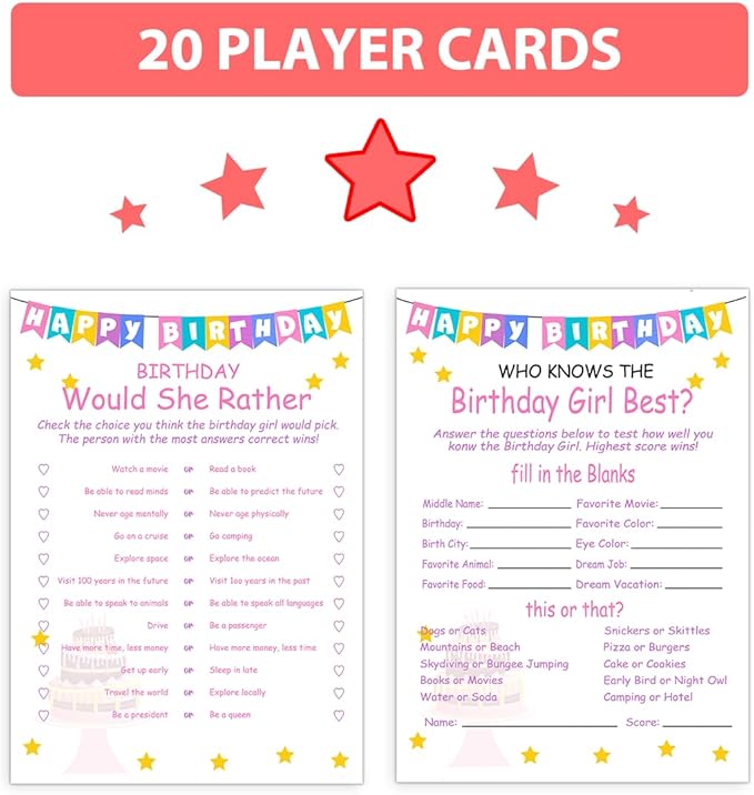 Birthday Party Games Set for Girls- 20 Birthday Double Sided Games Cards Set- - Image 3