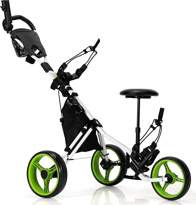 Tangkula Golf Push Pull Cart with Seat, Lightweight Folding 3 Wheels Trolley W/Storage Bag, Foot Brake, Adjustable Umbrella Holder & Seat, 4 Height Position Handle (Green)
