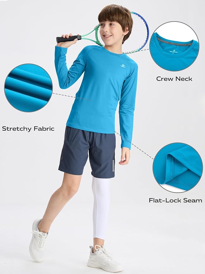 DEVOROPA Youth Boys Compression Shirt Long/Short Sleeve Football Baseball Undershirt Quick Dry Kids Sports Baselayer Crewneck