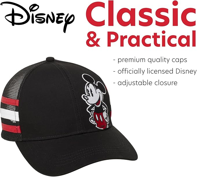 Disney Mickey Mouse Trucker Hat, Striped Snapback Baseball Cap for Men, Black, One Size