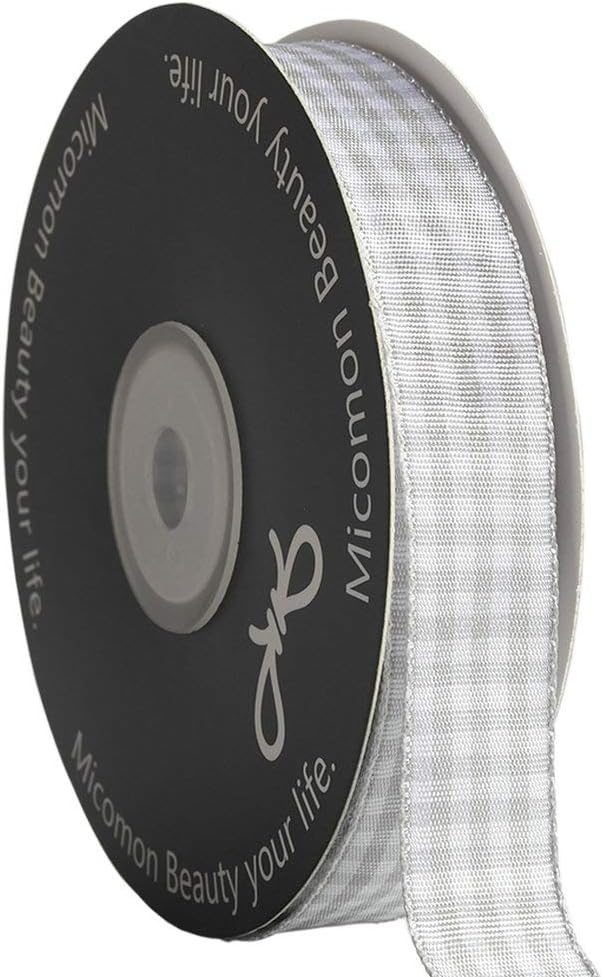 Gingham Ribbon - Gray and White, 25 Yards Each Roll, 100% Polyester by Micomon