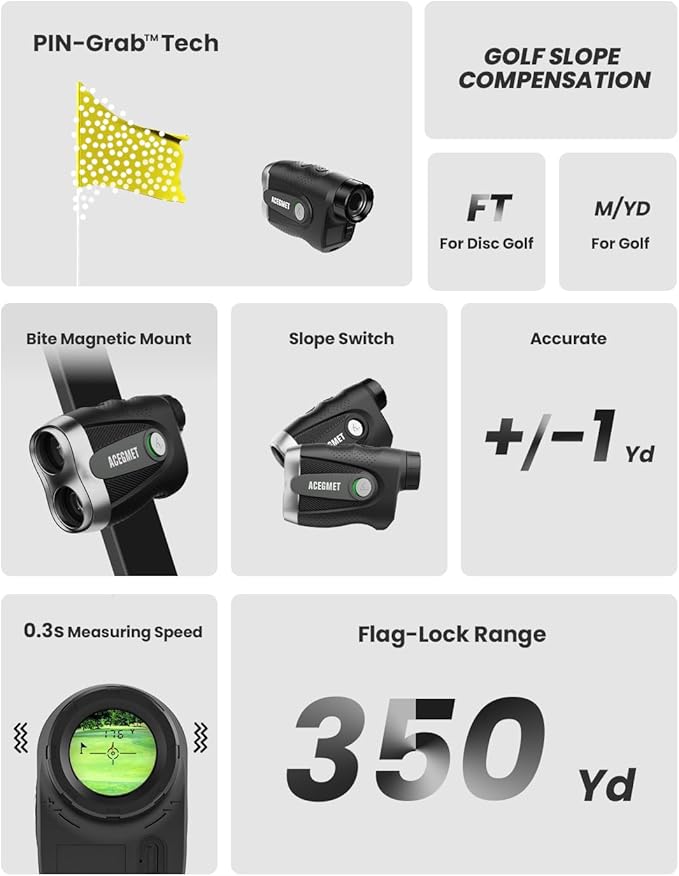 ACEGMET PF2C Golf Rangefinder with Slope, 0.3s Flag Pole Locking Vibration, ±1yd Accuracy, 1100 Yards Rechargeable Laser Range Finder Golf with Magnetic, Golf Accessories for Men