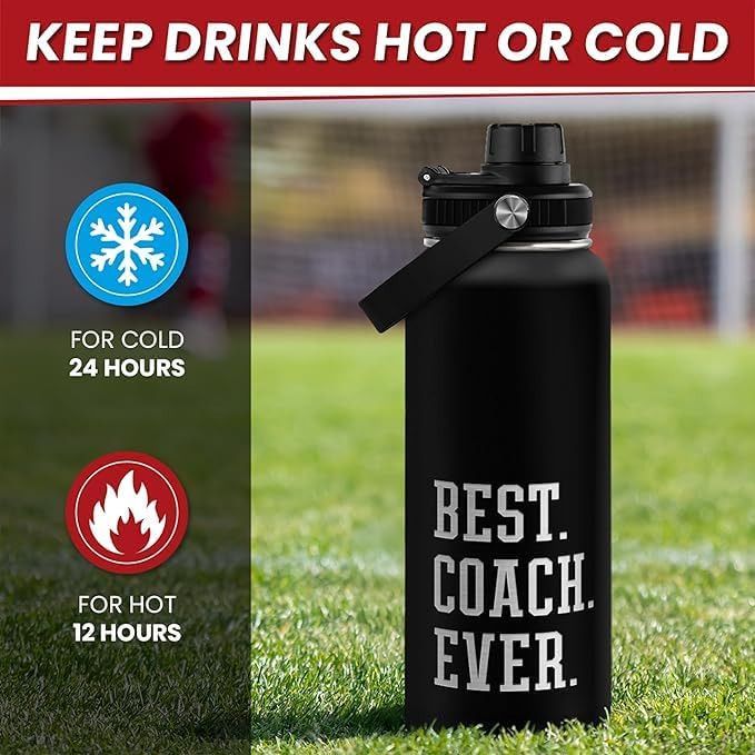 Sport Coach Insulated Engraved Stainless Steel Water Bottle 32oz, Best Coach Ever, Vacuum Chug Lid Travel Tumbler For Men Friends Coaches, Birthday Christmas