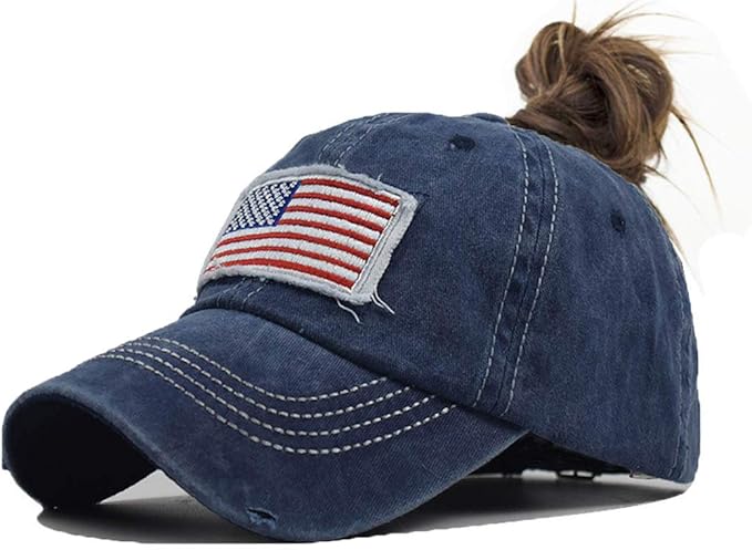 Distressed Ponytail Hat for Women American-Flag Pony Tail Caps High Bun