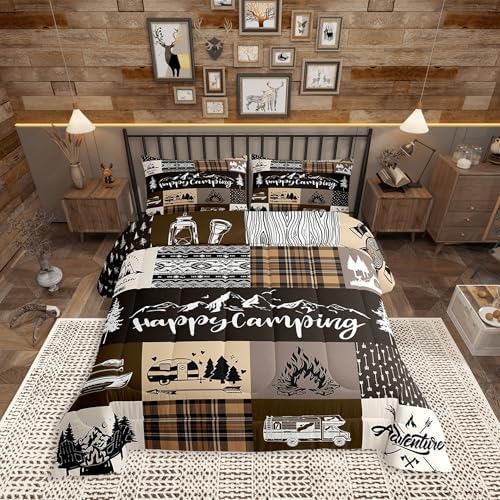 Castle Fairy Happy Camping Comforter Set King Size,RV Camper Adventure Tent Patchwork Bedding Set All Season Quilt Set,Rustic Farmhouse Lake Cabin Brown Check Microfiber Polyester Down Comforter