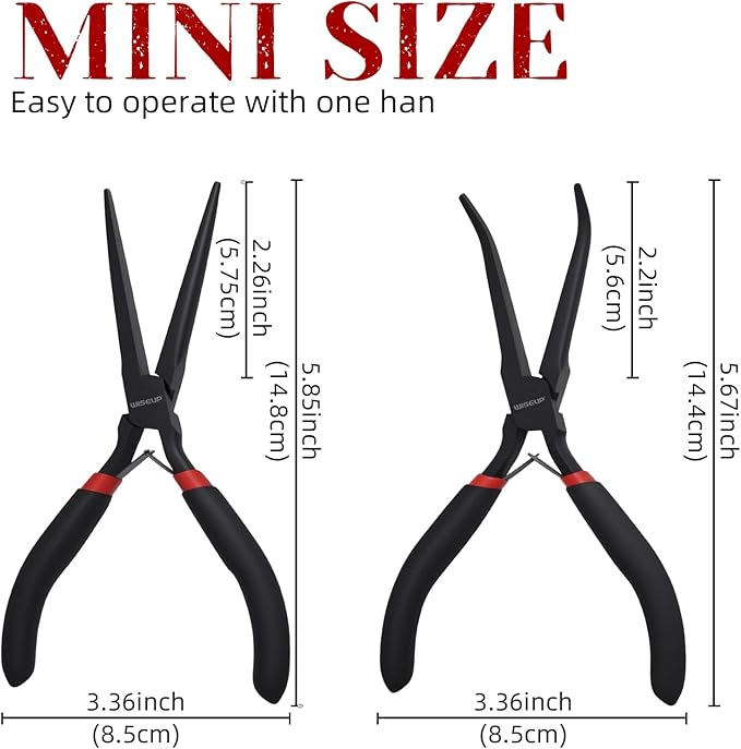 WISEUP 6" Mini Needle Nose Pliers Set，2-Piece Small Long Reach Bent Needle Nose - Image 3